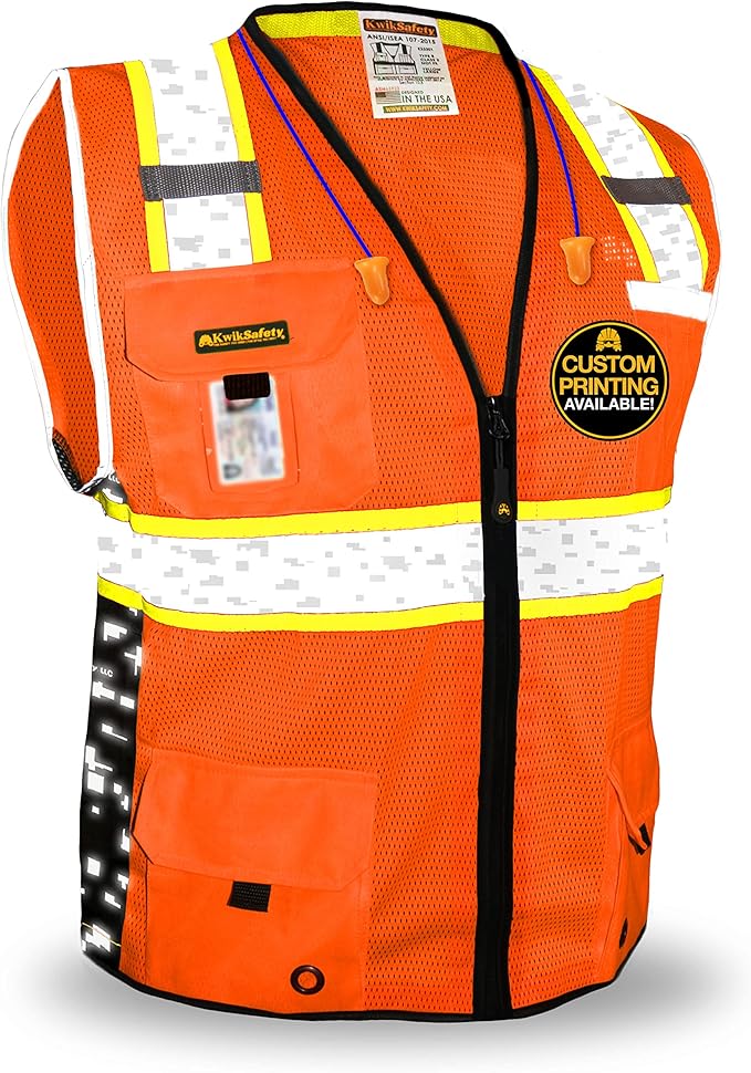 KwikSafety - BIG KAHUNA DIGITAL Safety Vest [LIMITED EDITION] Class 2 ANSI OSHA Reflective Vest Durable High Visibility Vest Construction Safety Vest for Men Industrial Work Gear/Orange Medium