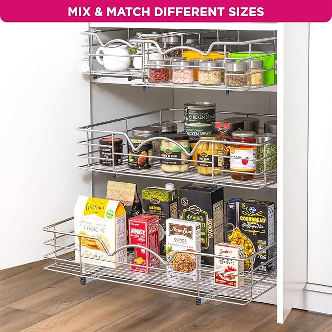 HOLDN’ STORAGE Heavy-Duty Premium Collection Pull Out Cabinet Organizer, Cabinet Drawer Slide Outs, Lifetime Limited Warranty - Basket Size 28" W x 21" D x 5" H, Anti-Rust Chrome Finish