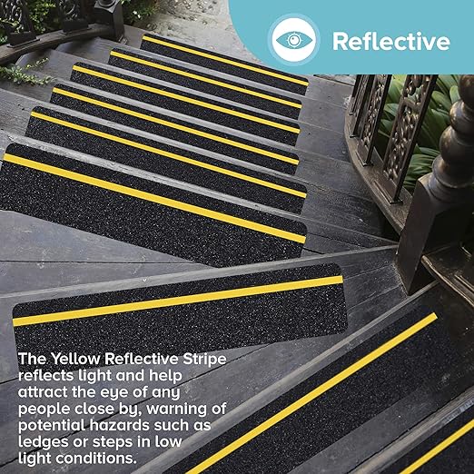 LifeGrip Anti Slip Traction Treads with Reflective Stripe (10-Pack), 6" X 28", Best Grip Tape Grit Non Slip, Outdoor Non Skid Tape, High Traction Friction Abrasive Adhesive for Stairs Step, Black