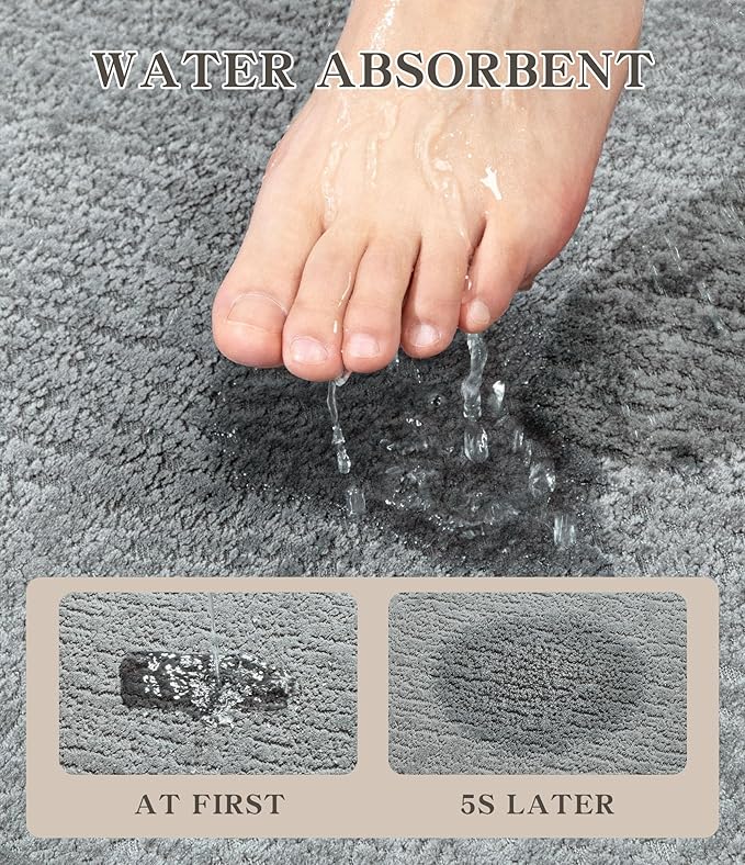 chakme 2 Piece Bathroom Rug Set, Ultra Thin Bath Mat, Quick Dry, Absorbent, Non Slip, Machine Washable, Light Grey, 17" x 24"