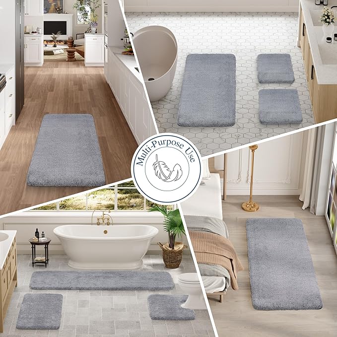 Walensee Large Bathroom Rug (24 x 60, Grey) Extra Soft and Absorbent Shaggy Bathroom Mat Machine Washable Microfiber Bath Mat Non Slip Bath Mat, Luxury Bathroom Floor Mats Rubber Back