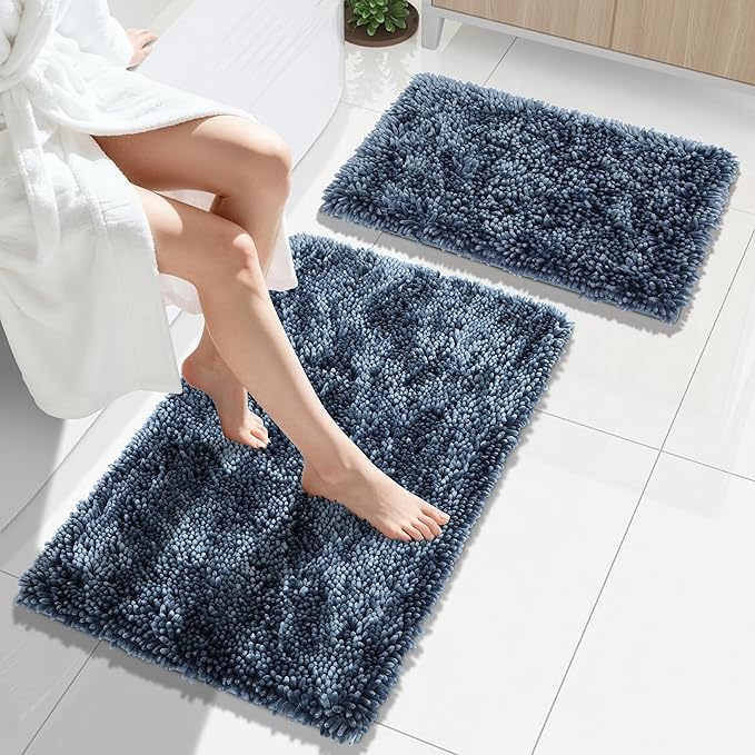 Yimobra Bathroom Rug Set 2 Piece, Luxury Shaggy Bath Mat Set with Non Slip Backing, Ultra Soft & Absorbent Mats for Bathroom Floor, Machine Washable, 31.5"x20"+24"x17", Light Blue