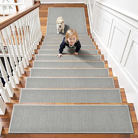 Chenille Stair Treads Non Slip 15pcs Stair Runner for Wooden Steps Rubber Backing Stairs Carpet Treads Indoor Staircase Covers Mat with Rubber Backing for Pets and Kids 8"X30" Grey