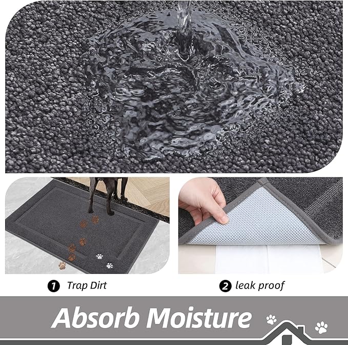 BEQHAUSE Dog Door Mat for Muddy Paws 24"x36" Dirt Trapper Absorbent Doormat Non Slip Entryway Rugs Washable Stain Resistant Welcome Floor Mat Soft Low-Profile for Front Back Door, Dark Grey