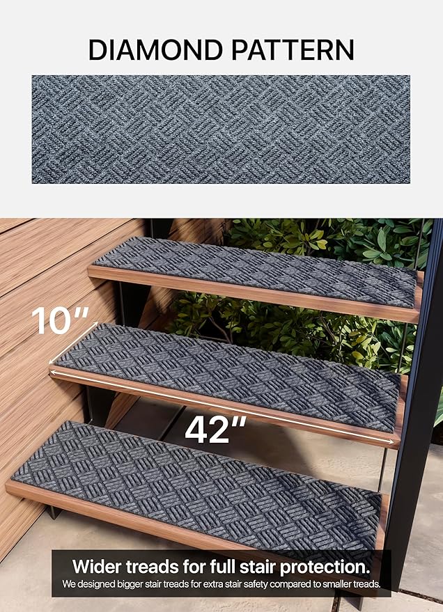 Outdoor Stair Treads Non-Slip 42”x10” (6-Pack) – Carpet Treads with Rubber Backing Diamond Grey