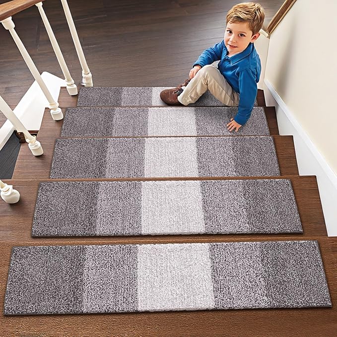 OLANLY Stair Treads Non Slip 15PCS, 8" x 30" Indoor Stair Runners for Wooden Steps, Edging Stair Rugs with Reusable Peel and Stick Adhesive for Kids Elders and Pets, Light Grey
