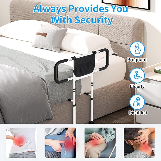Bed Rails for Elderly Adults Safety - Adjustable Bed Side Rails with Support Leg, Bed Cane with Storage Bag and Motion Sensor Light, Fits Queen, King, Twin, Full, Supports up to 400lbs