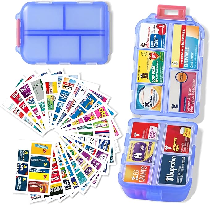 Large Pill Organizer with Medicine Labels - 7 Day Travel Daily Container, Mini Medication Storage Case (Blue, 161 Labels)
