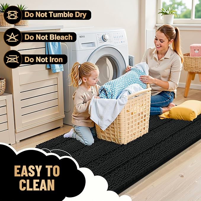 OLANLY Thick Bathroom Rugs 47x20, Extra Soft Absorbent Chenille Striped Bath Rugs, Rubber Backing, Machine Wash Dry, Bath Mats for Bathroom Floor, Tub and Shower, Home Decor Accessories, Black