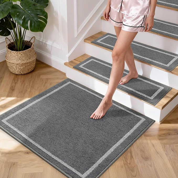 COSY HOMEER Stair Landing Rug 30x30 Inch, Non-Slip Square Landing Mat for Wood Steps Indoor, Washable Polyester with TPE Backing, Grey