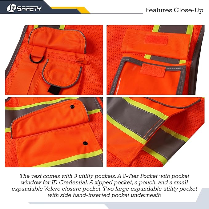 JKSafety 9 Pockets Hi-Vis Reflective Safety Vest | Mesh Fabric | Fluorescent Orange Color with Neon Yellow Extended Trims | ANSI/ISEA Compliance (100-Orange, M)