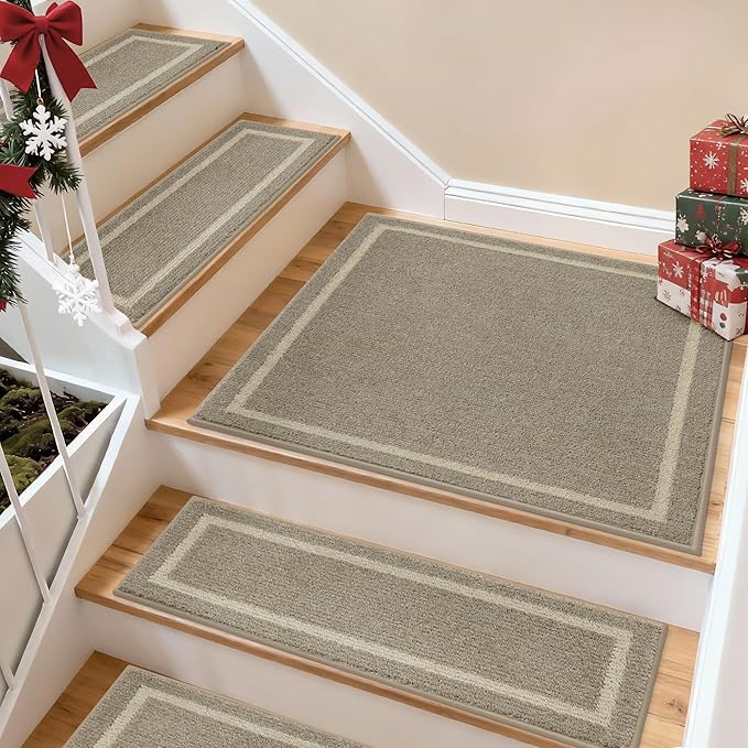 COSY HOMEER Stair Landing Rug 30x30 Inch, Non-Slip Square Landing Mat for Wood Steps Indoor, Washable Polyester with TPE Backing, Beige