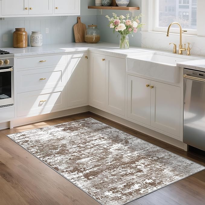 3x5 Area Rug Washable Entryway Rug Non Slip Abstract Tear and Stain Resistance No Pile Lightweight Throw Rugs Carpet for Kitchen, Entrance, Foyer, Bedside, Mudroom, Brown