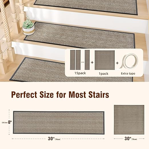 15pcs Stairs Treads and 1 Landing Carpet, Breathable Chenille Stair Carpet Non Slip for Wooden Steps Rubber Backing Stairs Runner Indoor Treads Stair Covers Mat 8"X30" and 30"X30"