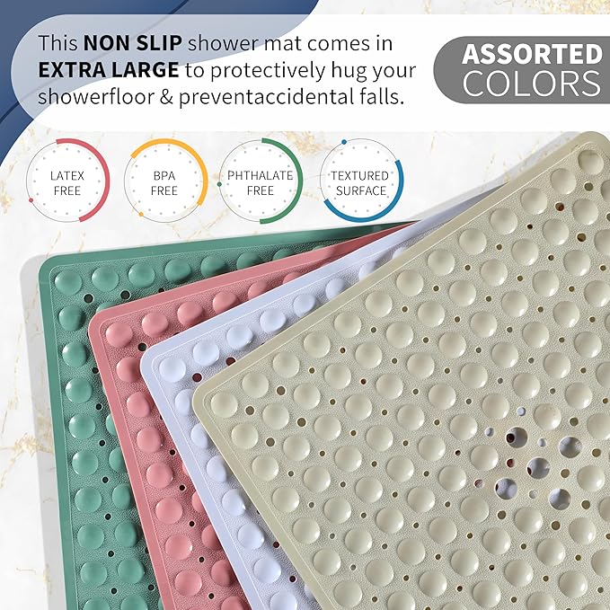 Yimobra Shower Stall Mat Non Slip, 21x21 Inch, Soft Square Bath Mat for Shower with Suction Cups and Drain Holes, Stall Floor Mats for Bathroom, Machine Washable, Bathroom Accessories, Clear Blue