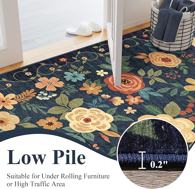 DUKINO 3x5 Area Rug, Floral Rugs for Living Room, Lightweight Non Slip Washable Rug, Indoor Low Pile & Non-Shedding Boho Design Rugs for Bedroom, Living Room, Dining Room, Dark Blue