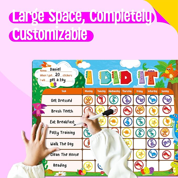 Magnetic Reward Chart, Dry Erase Task Board-One Chart & 72 Magnetic Reward Magnets, Dinosaur Theme Behavior Tracker for Daily Routine, Potty Training
