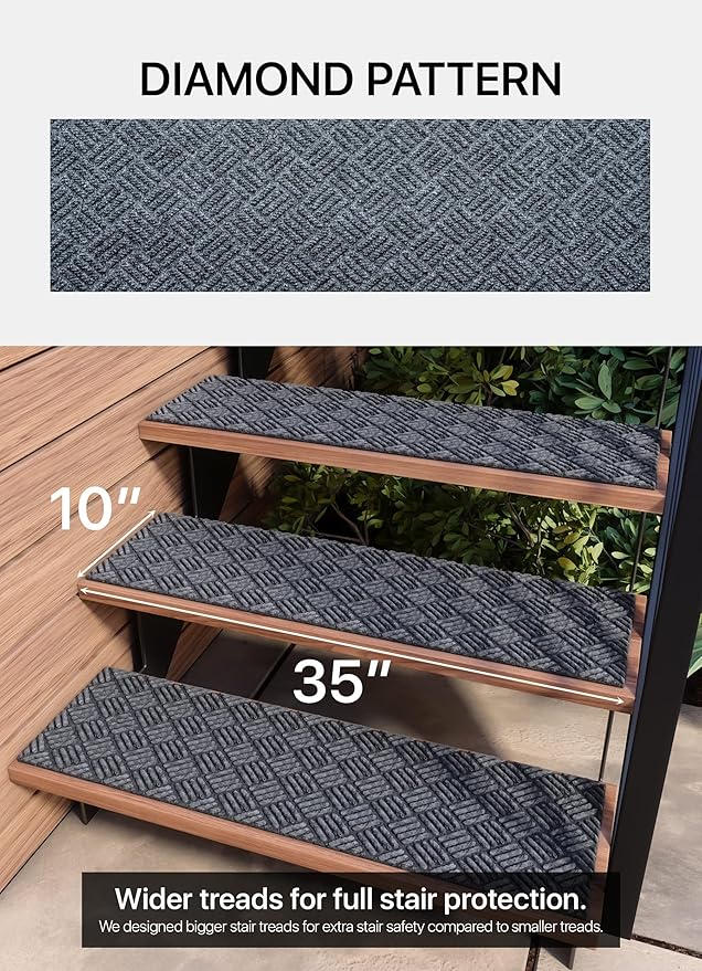 Outdoor Stair Treads Non-Slip 35”x10” (6-Pack) – Carpet Treads with Rubber Backing Diamond Grey