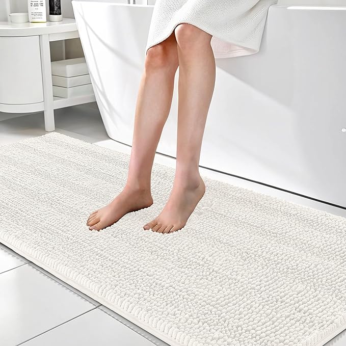 OLANLY Thick Bathroom Rugs 70x24, Extra Soft Absorbent Chenille Striped Bath Rugs, Rubber Backing, Machine Wash Dry, Bath Mats for Bathroom Floor, Tub and Shower, Home Decor Accessories, Ivory