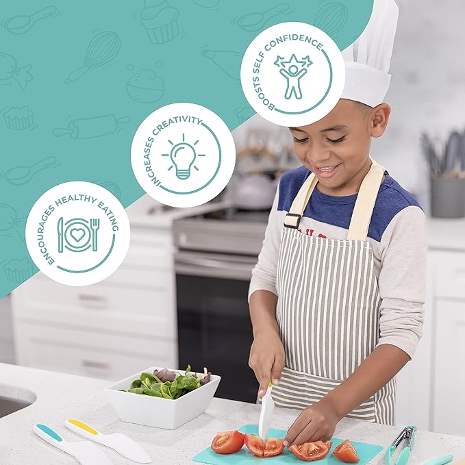 Tovla Jr. Kid Safe Knife Gift Set for Real Cooking | Educational | Toddler Kitchen Knives | Montessori and STEM Cooking Tools Ages 4 to 12 | BPA Free, Dishwasher Safe | Birthday Gift