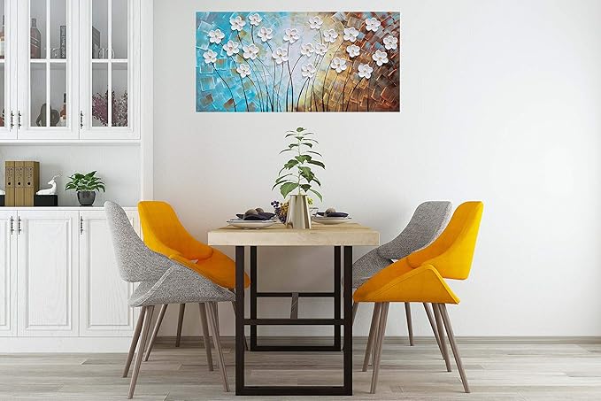 YHSKY ARTS Artisan Crafted Three Dimensional White Floral Relief Wall Decor, Abstract Botanical Canvas Artwork forLiving Room Bedroom Decor