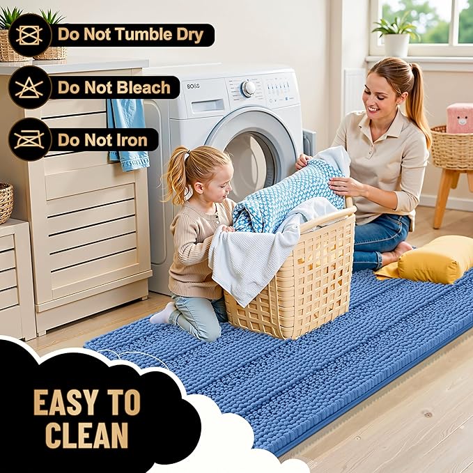 OLANLY Thick Bathroom Rugs 24x16, Extra Soft Absorbent Chenille Striped Bath Rugs, Rubber Backing, Machine Wash, Bath Mats for Bathroom Floor, Tub and Shower, Home Decor Accessories, Cornflower Blue
