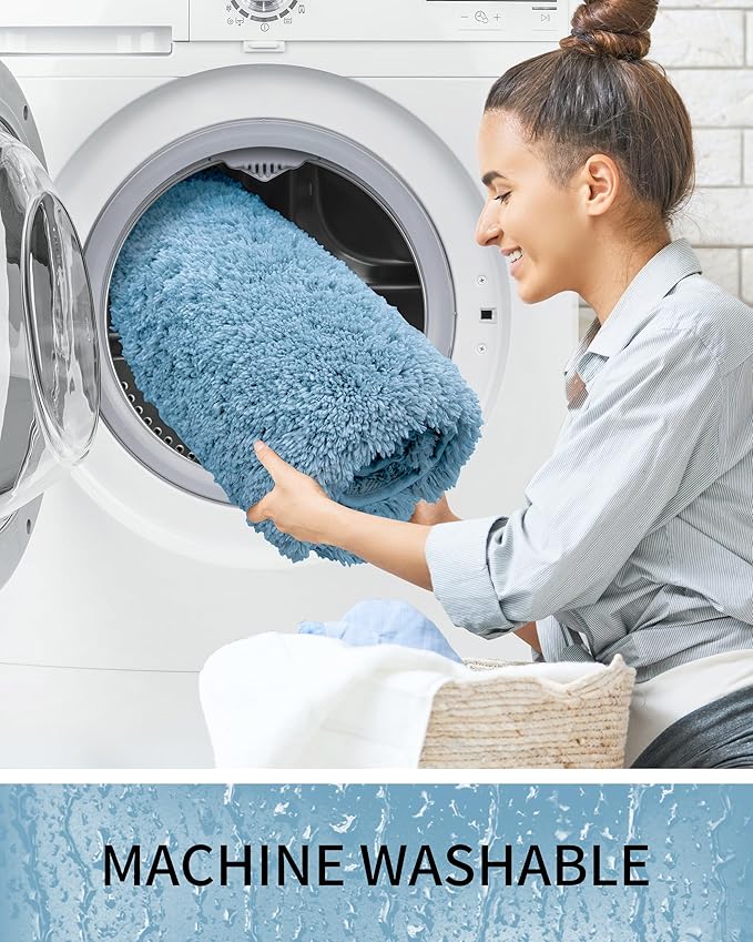 Bathroom Rugs 36x24, Ultra Thick Shaggy Soft Microfiber Absorbent Bath Rug, High Density Foam Latex Non Slip Backing, Machine Washable Bath Mats for Bathroom Floor & Sink, Blue