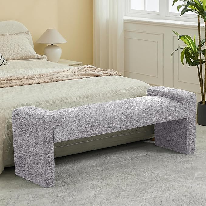58.7" End of Bed Bench Upholstered Modern Bedroom Bench for Living Room & Entryway, Easy Assembly, Footrest Ottoman Accent Window Bench with Solid Wood Frame & Curved Arm, Grey