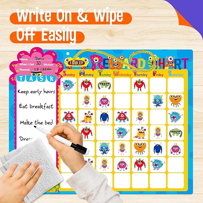 Magnetic Daily Chore Chart, Dry Erase Task Board-One Chart & 80 Jelly Stickers, Behavior Reward Chart System Monster-Themed Behavior Tracker for Kids’ Daily Routine, Potty Training