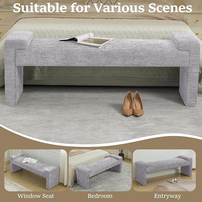 58.7" End of Bed Bench Upholstered Modern Bedroom Bench for Living Room & Entryway, Easy Assembly, Footrest Ottoman Accent Window Bench with Solid Wood Frame & Curved Arm, Grey