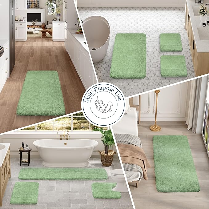Walensee Contour Rug (20x24, Sage Green) Non Slip Bath Mat, Soft Microfiber Shaggy Mat, Machine Washable U Shape Toilet Rug