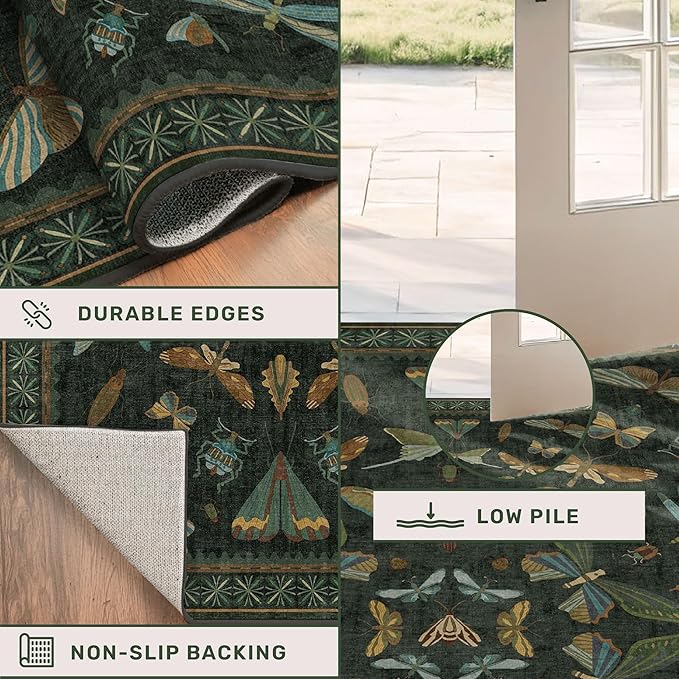 2x3 Entry Way Rugs Indoor - Dark Green Small Throw Rug for Kitchen, Bathroom, Insect Boho Design, Washable Non Slip Stain Resistant