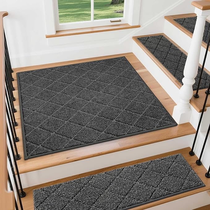 COSY HOMEER Edging Stair Treads Non-Slip Corner Indoor Stair Runners for Wooden Steps,Landing Slip Resistant Stair Rugs Mat for Kids and Dogs,100% Polyester TPE Backing,Black,30x30 inch