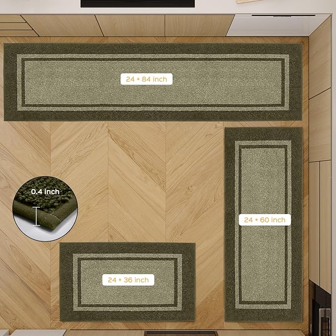 Kitchen Rugs 24" x 84", Non-Slip Machine Washable Kitchen Runner Rugs Floor Mats, Absorbent Comfort Standing Mats for Kitchen, Sink, Laundry and Hallway, Rolled Packaging, Budding Green & Sage Green