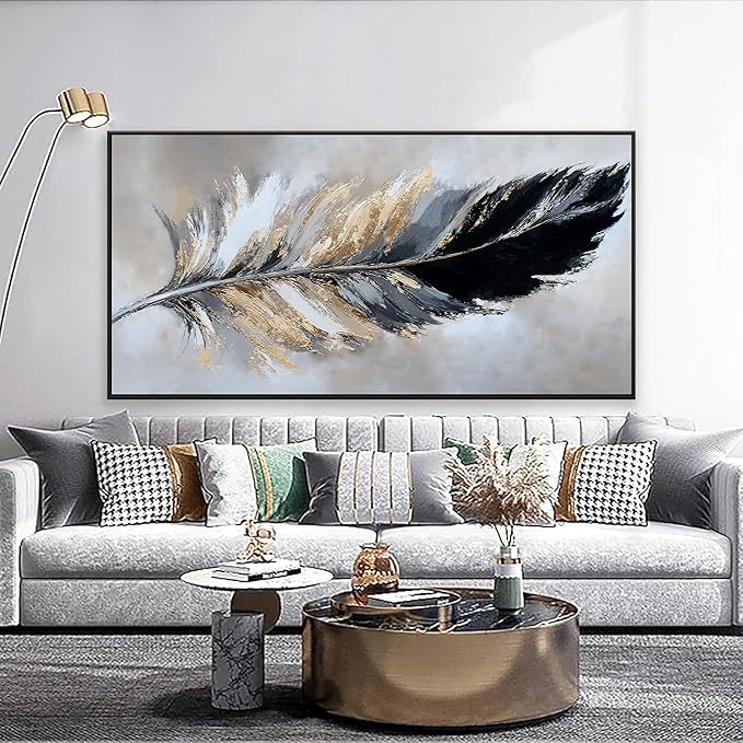 Canvas Art Wall Decor Modern Large Wall Decor Abstract Wall Art for Living Room Modern Home Decorations 29"X58" With Framed Painting Black and Gold Minimalist Abstract Art Feather Home Artwork