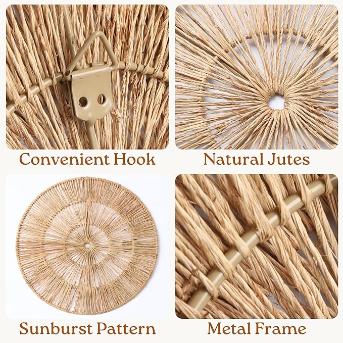 CHI AN HOME 18 Inch Boho Wall Decor – Set of 5 Woven Jute Wall Baskets, Boho Wall Art & Decorative Basket Set, Farmhouse Wall Hanging, Handwoven Wall Plates for Living Room, Bedroom – 18", 14", 11", 8", 7"