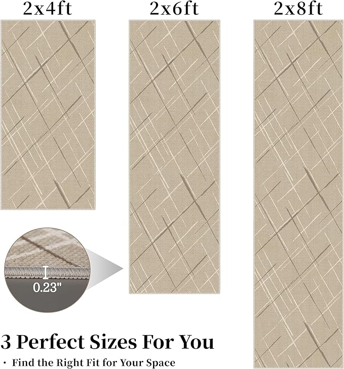 Beige Runner Rug Ultra Non-Slip 2x8 Washable Entryway Rug Modern Tear and Stain Resistance No Pile Hand-Woven Style Lightweight Runners for Hallways, Kitchen, Laundry Room, Bedside, Beige