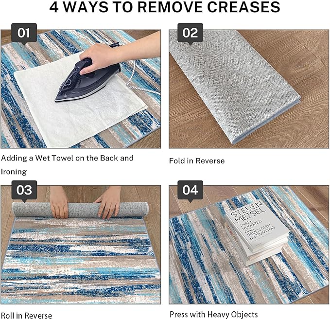 Modern Abstract Runner Rug 2.6x16, Blue Washable Long Kitchen Runner Non-Slip Soft Hallway Rug Runner Thin Print Faux Wool Carpet for Entryway Bedroom Laundry Room Indoor Home Decor