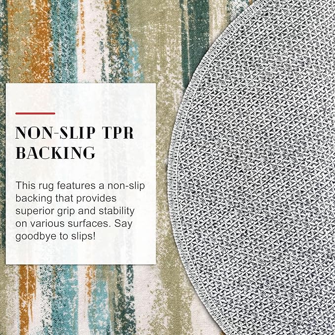 Modern Abstract Round Rug 6Ft, Green Mustard Multi Washable Non-Slip Circle Rug, Soft Circular Dining Room Rug Thin Print Faux Wool Carpet for Bedroom Living Room Office Playroom