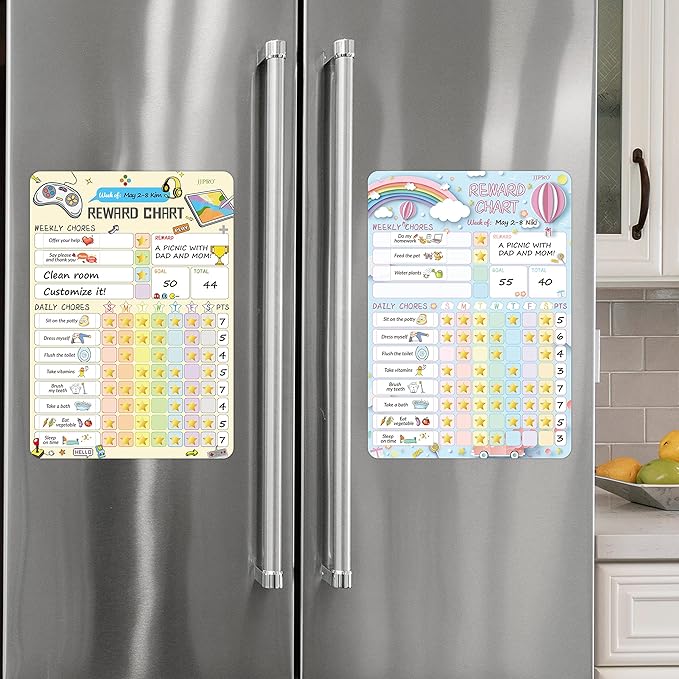 Magnetic Dry Erase Chore Chart for Two Kids at Home, Reward Chart for Kids Behavior. Includes 52 Static Tasks,126 Golden Stars and 8.5"x12" Video Game& Rainbow Magnetic Charts Each
