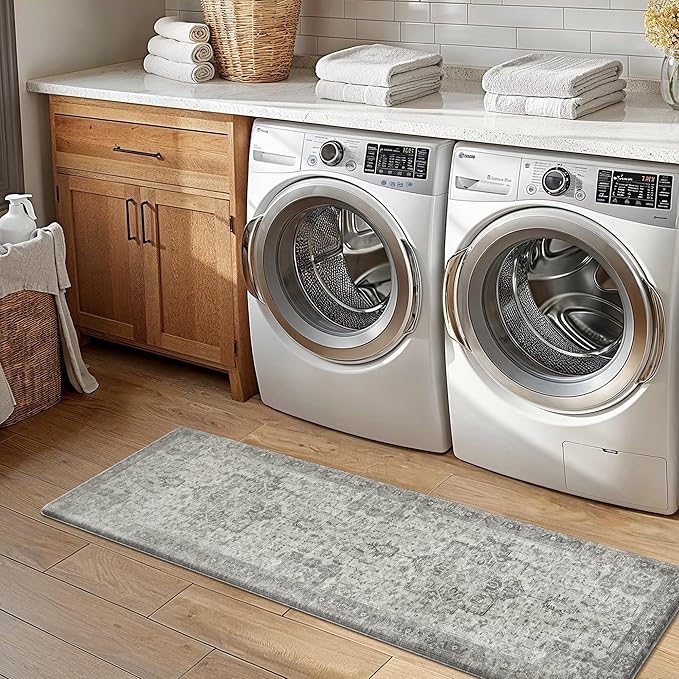 GENIMO Kitchen Mats for Floor 2PCs, Washable Anti Fatigue Mat for Cushioned, 17.3"x59"+17.3"x30", Waterproof Kitchen Rugs, Non Slip Comfort Standing Mat Rug for Home, Sink, Laundry, Stone Gray