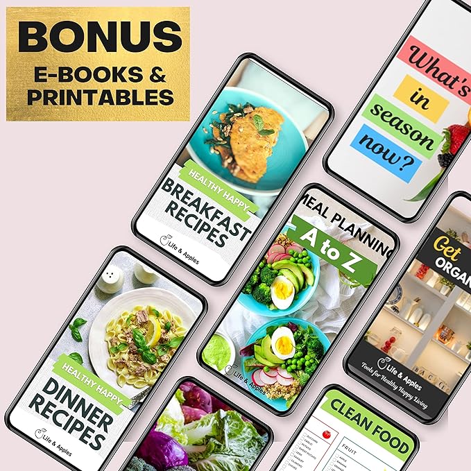 Life & Apples Meal Planner with Grocery List – Undated Weekly Menu & Meal Prep Notebook for Women & Men, Healthy Eating & Weight Loss Planner, 52-Week Spiral Bound Journal, Pink Spiral