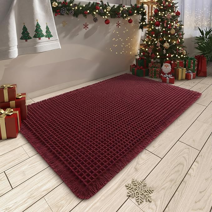 Upgraded Christmas Waffle Bath Mat, Super Absorbent Non Slip Bath Mats for Bathroom Floor, Machine Washable Bathroom Rugs with Tassels, Rubber Backed Bathroom Mats, Ultra Soft, 20" x 32", Burgundy