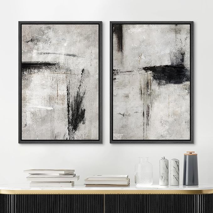 MUDECOR Framed Canvas Print Wall Art Grey Black Abstract Shape Illustrations Modern Art Decorative Bohemian Colorful Chic for Living Room, Bedroom, Office - 24"x36"x2 Black