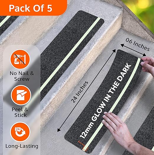 ThreadNanny Anti Slip Traction Treads with Glow in Dark Stripe (5-Pack), 6" X 24", Best Grip Tape Grit Non Slip, Outdoor Non Skid Tape, High Traction Friction Abrasive Adhesive for Stairs Step