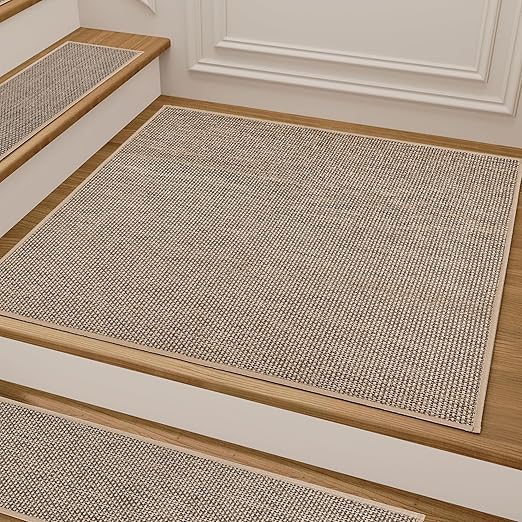 Deerly Comfortable Stair Landing Carpet Non Slip Breathable Linen Rug for Wooden Steps Peel and Stick Landing Mat Covers Indoor Absorbent with Self-Adhesive Backing 30"X30" Beige
