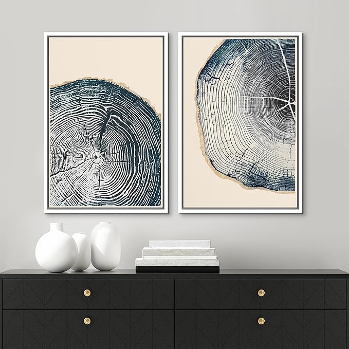 MUDECOR Framed Canvas Print Wall Art Navy Blue Wood Tree Ring Nature Illustration Modern Art Decorative Multicolor Geometric Minimal for Bedroom - 16"x24"x2 White