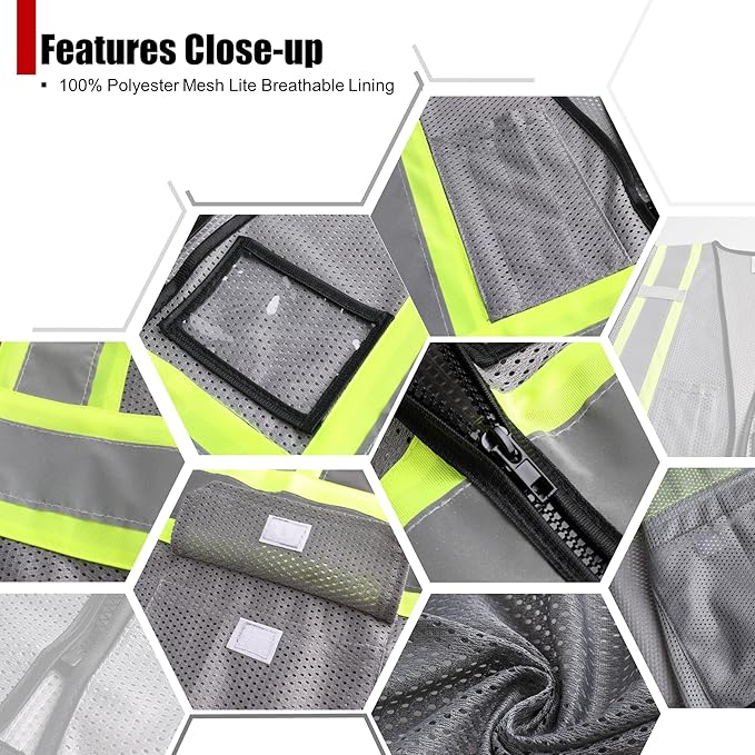 Reflective Safety Vest for Men Women Hi Vis Vest with Pockets High Visibility Vest Mesh Construction Vests Meets ANSI/ISEA Standards (Grey-33, 3X-Large)