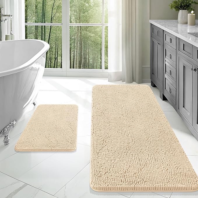 OLANLY Bathroom Rugs Sets 2 Piece, Soft Absorbent Chenille Bath Mats Area Rug Set, Non-Slip, Quick Dry, Machine Washable Bath Mats for Bathroom, Home Decor Accessories (47"x20"+24"x16", Beige)