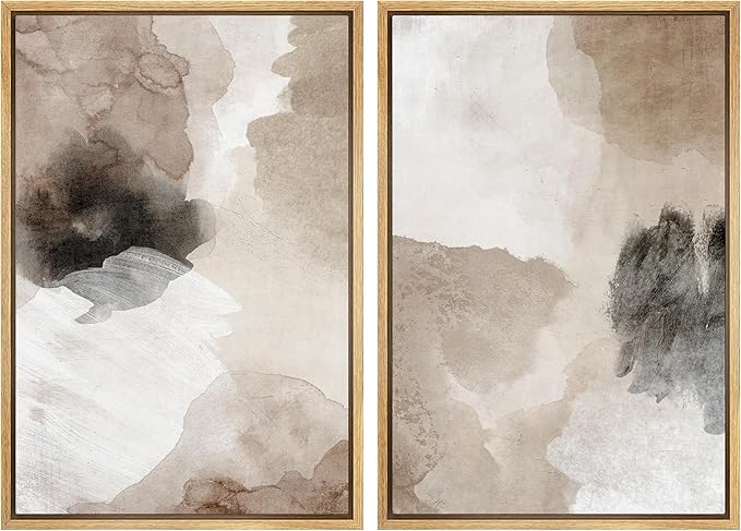 MUDECOR Framed Canvas Print Wall Art Watercolor Brown White Black Collage Abstract Shape Illustrations Modern Art Decorative Bohemian Colorful for Living Room, Bedroom, Office - 16"x24"x2 Natural